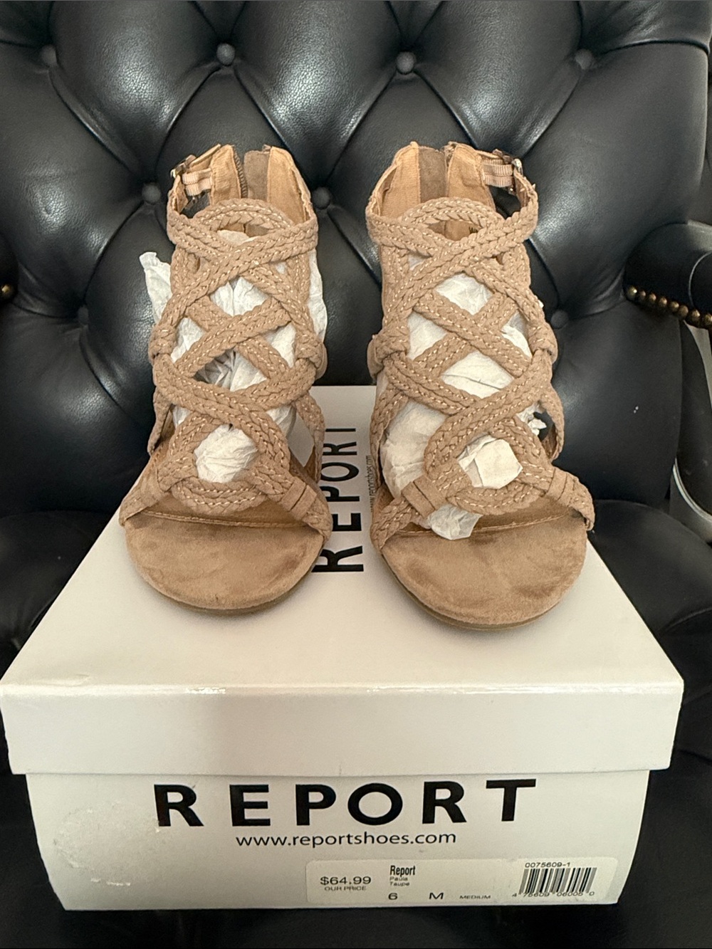 Report Tan Braided Suede High Heel Sandals